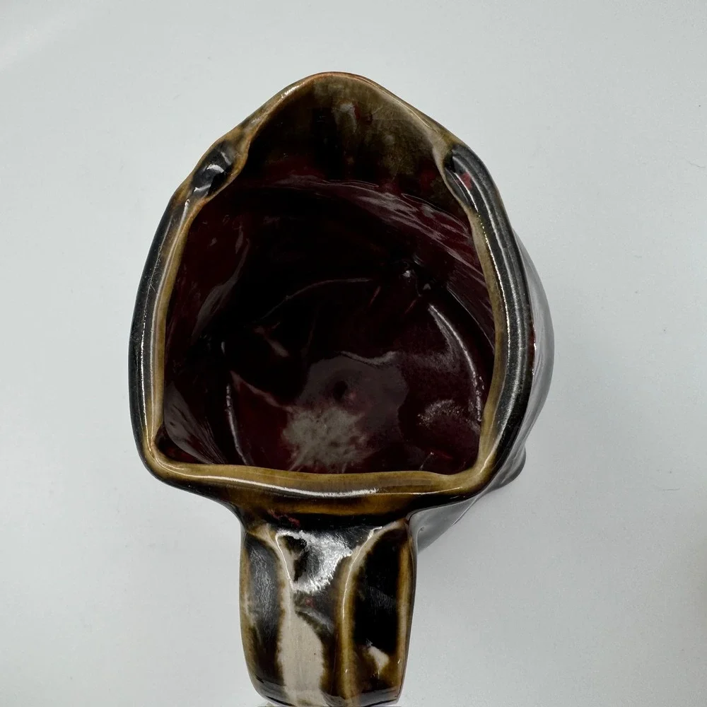 Studio Pottery Spiral Ribbed Pitcher Brown Tan Glossy Glaze Oxblood Red Interior